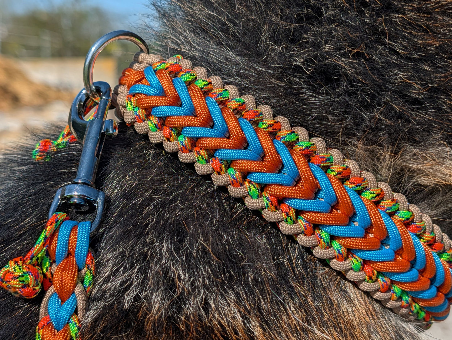 Paracord Hundeset „Electric Summer“ – Halsband mit Metall-Klickverschluss (42,5 cm) & verstellbare Leine – Unikat