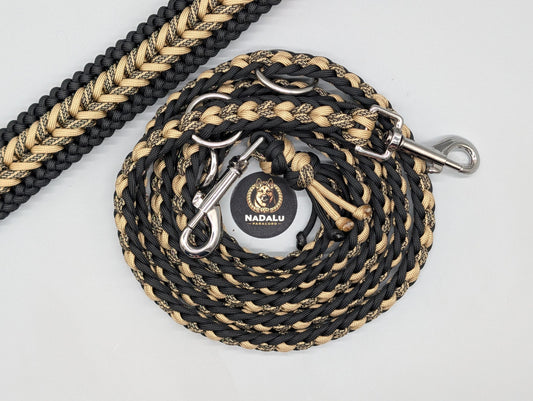 Paracordset „Black & Gold“ – Weit verstellbares Halsband (40-47cm) & Führleine (2m) – Unikat