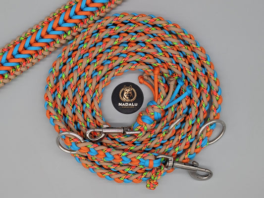 Paracord Hundeset „Electric Summer“ – Halsband mit Metall-Klickverschluss (42,5 cm) & verstellbare Leine – Unikat